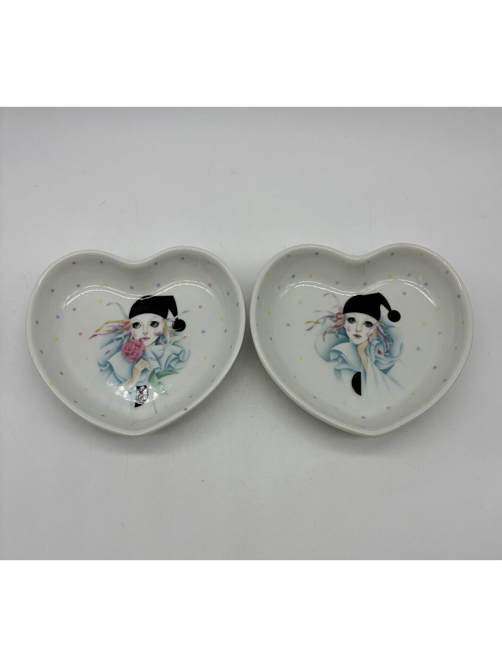 Vintage Pierrot Porcelain Mime Clown x 2 Trinket Love Heart Dishes Made in Japan